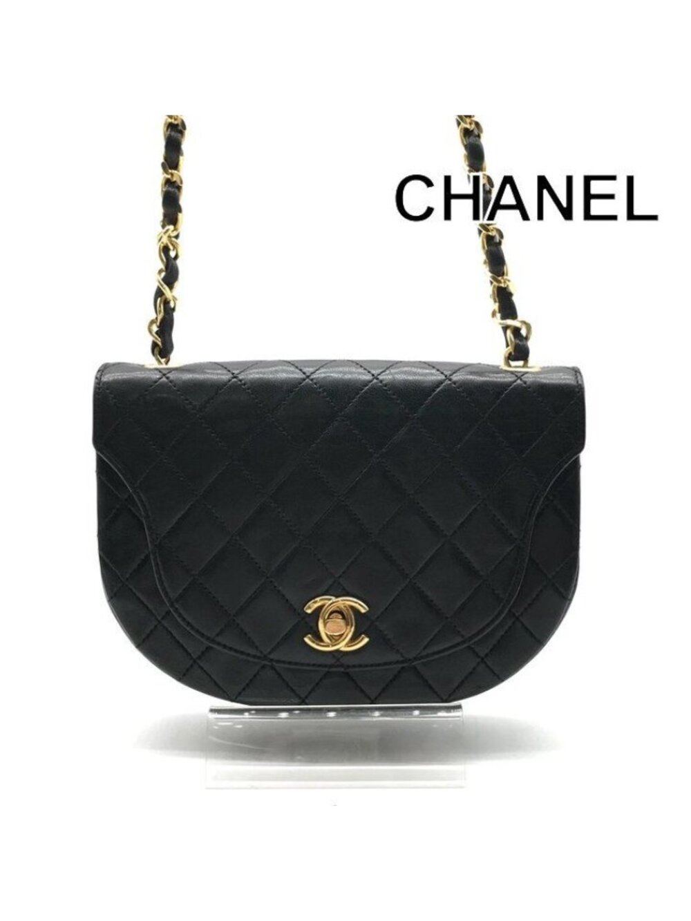 Chanel CC Logo Chain Shoulder Bag Lambskin Leather Turnlock Black